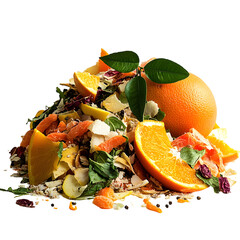 Pile of citrus peels and leaves on a white background