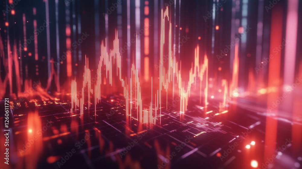 Poster abstract data stream visualization with glowing red grid and rising lines