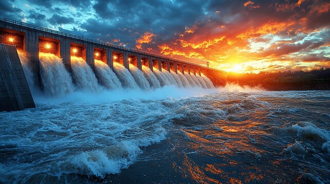 Majestic sunset over a dam with flowing water, showcasing nature?s power and beauty