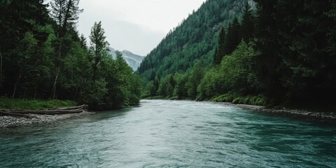A Serene Mountain River with Lush Surroundings Embraces Natures Tranquility and Beauty