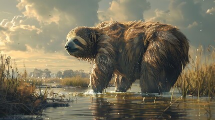The Giant Ground Sloth, an ancient herbivore from the Ice Age, was a massive, slow-moving mammal that could grow up to 20 feet long and weigh over 4 tons. Covered in thick fur with long, curved claws 