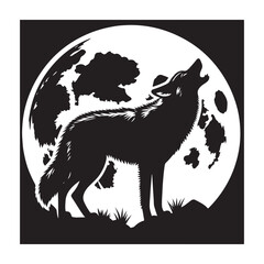 Coyote howling at full moon Silhouette Vector Illustration, Solid White Background.