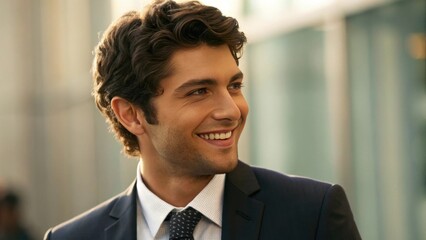 Fototapeta premium a handsome young businessman wearing a suit and tie, smiling warmly. He is looking away from the camera with a confident and optimistic expression, suggesting success and ambition