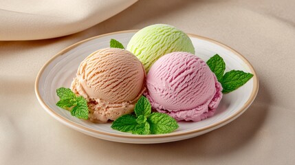 Colorful Ice Cream Scoops on Plate with Fresh Mint Garnish in Soft Light Setting for Food Photography