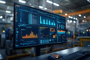 Computer screen showing various production line charts and data in a modern factory