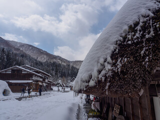Close up snow on the roof of the house, old Japanese house in winter, Shirakawago