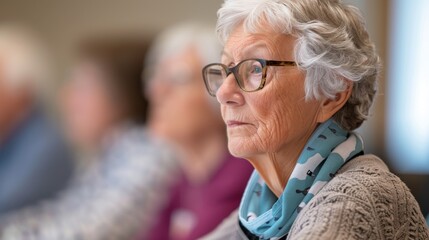 Engaged senior citizen demonstrates focused attention during morning retirement planning workshop at local community center while studying comprehensive educational materials