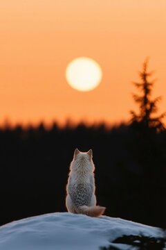 Lone wolf stares into a bright sunset, sitting on snow at the edge of a forest
