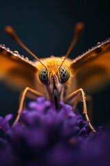 Butterfly sips nectar from flower blossom in a garden, dew drops on insect