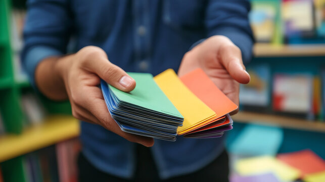 Colorful card collection classroom educational content indoor close-up creative learning tools