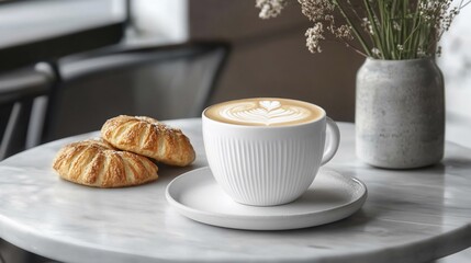 Coffee, pastries, cafe, morning, relaxation, marble table, calm background,  website/menu