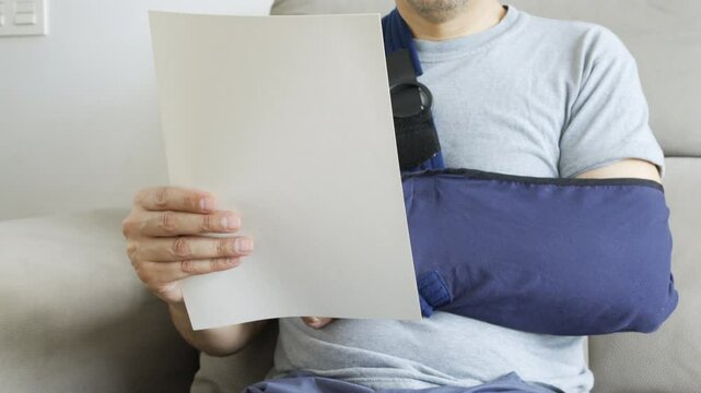 Reading letter about Injury and compensation paperwork, insurance, legal contract or lawyer consulting. Disability people, attorney or advocate in negotiation, policy advice or accident report closeup