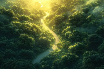 Fototapeta premium Serene Sunlit Forest Path Winding Through Lush Greenery with Golden Morning Light and Misty Atmosphere