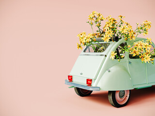 Old mint green retro car full of yellow spring flowers on pink background with copy space. Spring is here concept design. 3D Rendering, 3D Illustration © hd3dsh