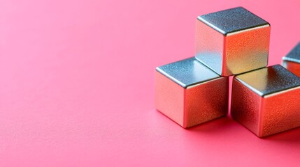 Fototapeta premium Metallic Cubes Gleam Softly Against Pink Background. AI Generated