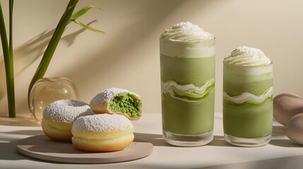 Matcha Treats: Powdered donuts filled with vibrant matcha cream and green tea lattes with whipped topping.