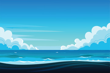 Create a serene vector ocean background featuring calm waves, a clear sky, and a distant horizon.  Include subtle color gradients for a peaceful mood.