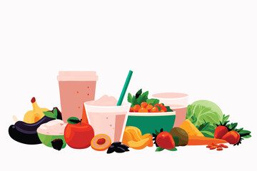 Create a vibrant vector background showcasing a diverse array of healthy snacks like fruits, vegetables, nuts, and seeds, arranged attractively.