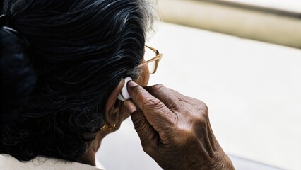 Naklejka premium An intimate closeup of an elderly womans hand delicately placing a Bluetoothenabled hearing aid into her ear with a look of concentration as she prepares to engage with her