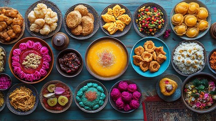 Colorful Asian cuisine feast overhead shot, various dishes, wooden background, food blog