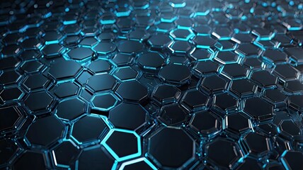 Naklejka premium Futuristic technological background with a 3D hexagonal pattern, neon glow, and metallic texture. Perfect for digital, cyberpunk, and high-tech designs.