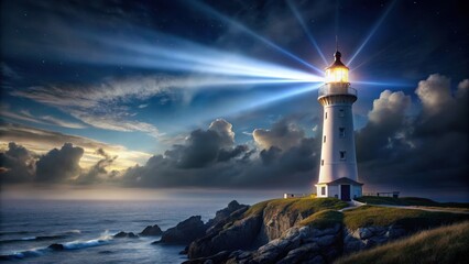 Lighthouse standing tall in the darkness, its beam piercing through the night sky, casting an ethereal glow on the surrounding landscape , Majestic lighthouse, dark night sky