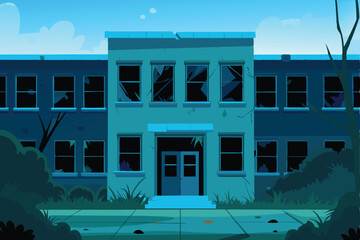Create a vector illustration of a dilapidated school building, showcasing weathered brickwork, broken windows, overgrown vegetation, and a sense of decay.  Show detail in the architecture.