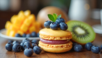 Delicious macarons with blueberries, kiwi, and mango on a rustic wooden table, showcasing vibrant sweets against a cozy café background, dessert indulgence concept