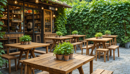 Outdoor café with wooden tables and plants