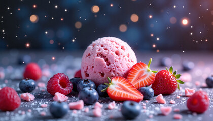 Artisanal ice cream scoop with strawberries, blueberries, and raspberries floating in a starry universe, delightful culinary dream concept.