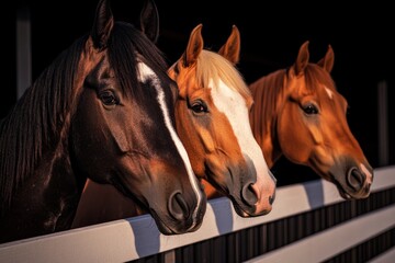 Obraz premium Three horses looking over a wooden fence in a stable during golden hour sunlight