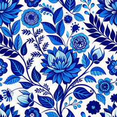 Intricate blue floral pattern on a white background.