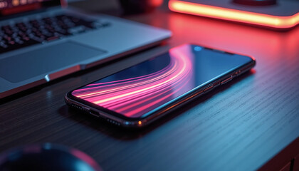 Modern smartphone on desk with neon lighting