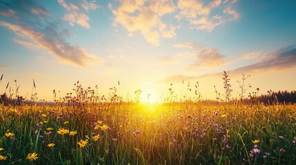 Golden sunrise illuminating a field of vibrant wildflowers, symbolizing new beginnings