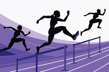 Create a vibrant vector illustration showcasing various track and field events, prominently featuring a hurdle race.  Include diverse athletes in action.