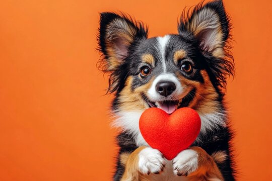 Australian shepherd - my cherished dog. Commercial conceptual art. Cute australian shepherd doggy with diamond red heart - sign of love, funny greeting card. Valentine's dog decorations.