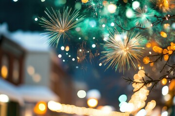 Grand finale fireworks in green and gold illuminating night sky for celebration events.