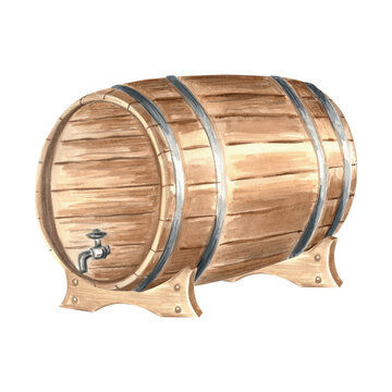 recommend clip art: Wooden barrel, cask for rum. Keg for wine, whiskey or beer, with iron rings. Hand drawn watercolor illustration isolated. Oak container for alcoholic drink. Food industry. Clipart for packaging, print
