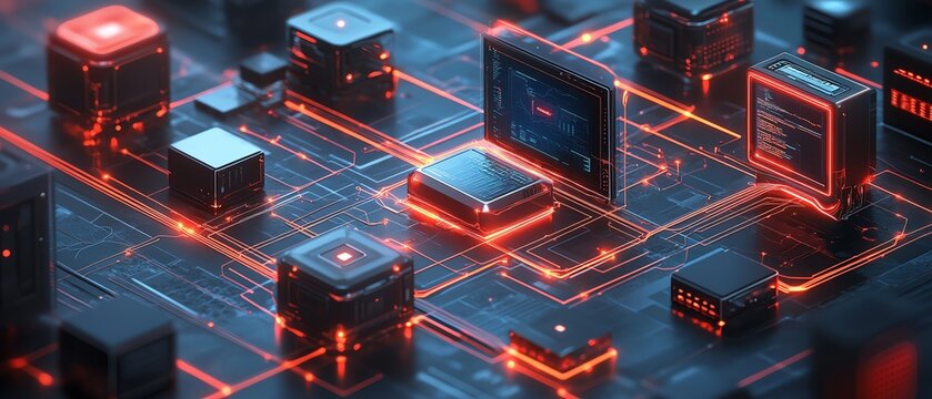 A 3D visualization of a unified endpoint security system, data flowing through protected devices, seamless management interface, futuristic tech