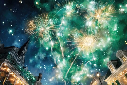 Grand finale fireworks in green and gold illuminating night sky for celebration events.