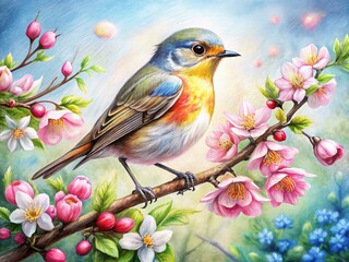 Detailed Pencil Sketch Bird on Flowering Branch - Spring Nature Wildlife Art