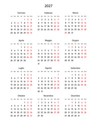 2027 calendar minimalist on Italian language with italian holidays. Week start on Monday.	