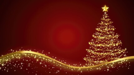 A golden Christmas tree sparkles against a deep red background, adorned with a glowing star and shimmering lights. Ideal for festive marketing, greeting cards, and holiday event promotions