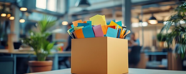 A corporate setting with a suggestion box at the center, overflowing with colorful notes, employees in the background, cinematic lighting