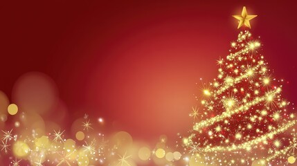 A sparkling golden Christmas tree with a glowing star on a deep red background, surrounded by festive lights and bokeh. Ideal for holiday marketing, greeting cards, and festive promotions