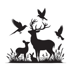 Deer and birds sharing space Silhouette Vector Illustration, Solid White Background.