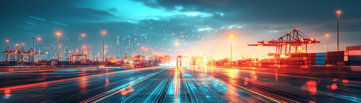 A digital representation of global intermodal connectivity with glowing transport networks and cargo movement, ultramodern design