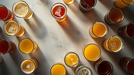 Many glasses of drinks. Juice beer and tea