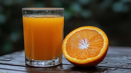 Orange Juice and Orange Slice on Wooden Table