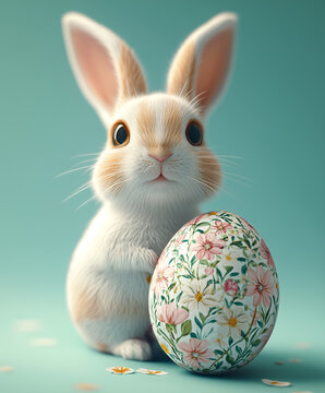 Easter concept: Cute cartoon style bunny rabbit. Surface textured like a simple eggshell with subtle spring flower patterns.